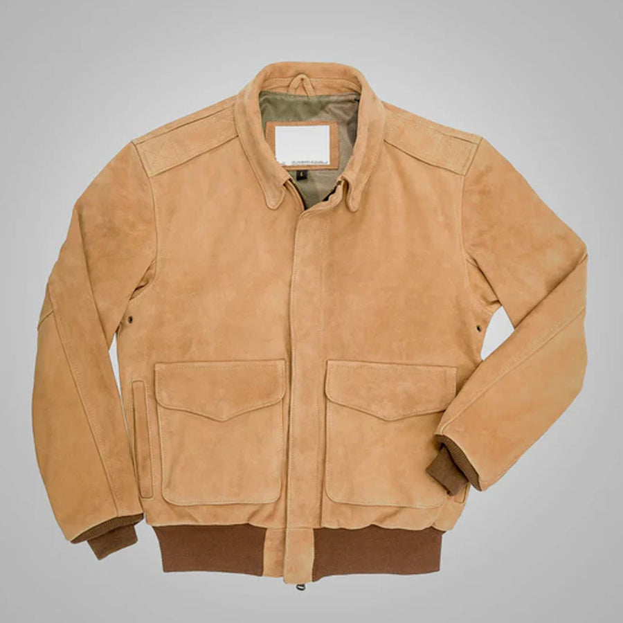 Men's brown suede RAF A-2 aviator flight jacket shown from the front