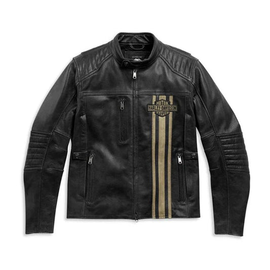 Front view of Harley Davidson motorcycle jacket in genuine leather for men, premium biker style with armor and zip details