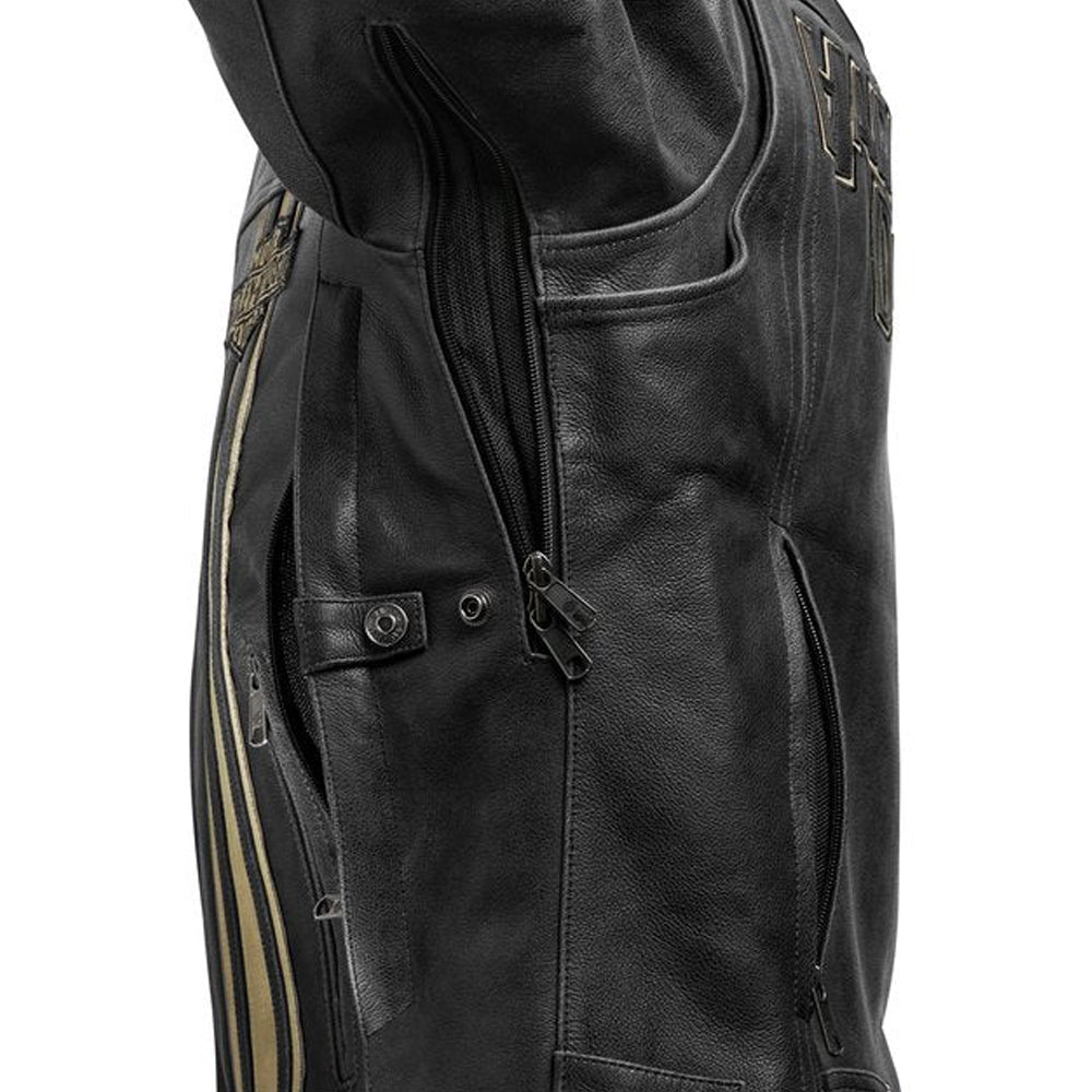 Harley Davidson leather motorcycle jacket underarm ventilation zipper close-up, airflow system for men’s biker riding jacket
