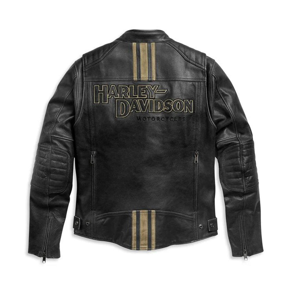 Back view of Harley Davidson men’s genuine leather motorcycle jacket, modern biker design with reflective detailing
