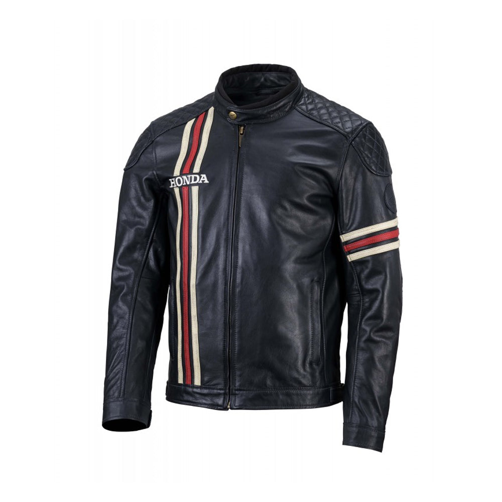 Front of HONDA Maine Leather Jacket with Contrast Stripes and Badges