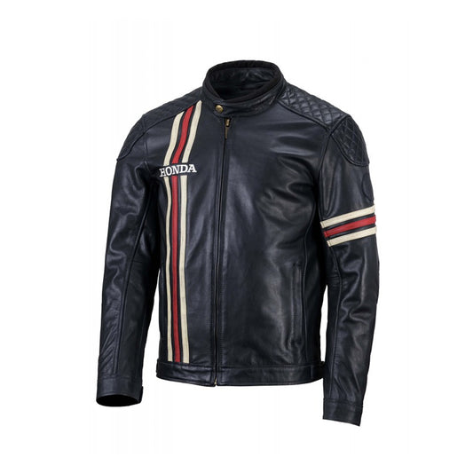 Front of HONDA Maine Leather Jacket with Contrast Stripes and Badges