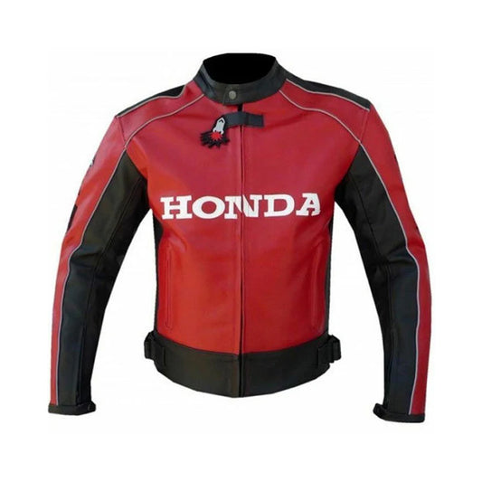 Front of Honda Red Unique Wing Racing Jacket with Matt Leather Finish