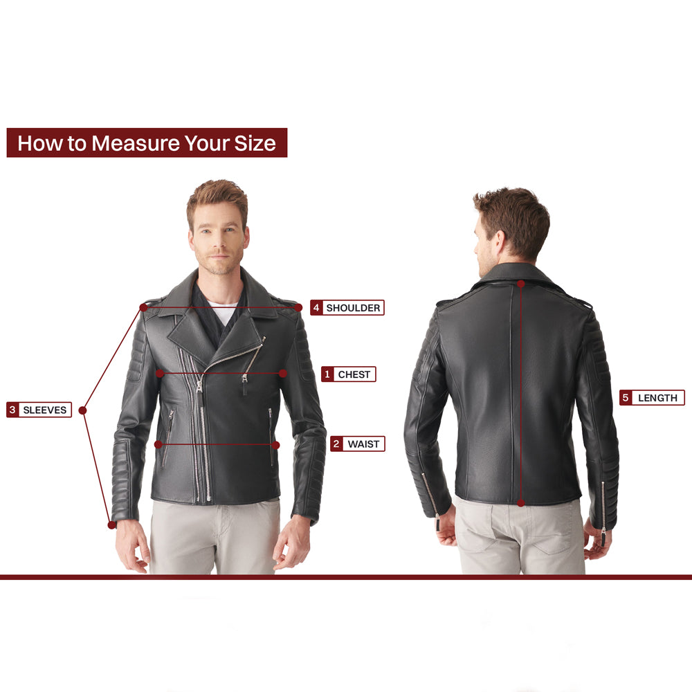 Man wearing a black leather jacket with measurement points highlighted on a white background