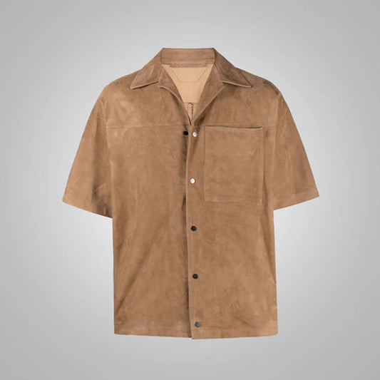 New Men's Brown Half Sleeves Suede Leather Shirt