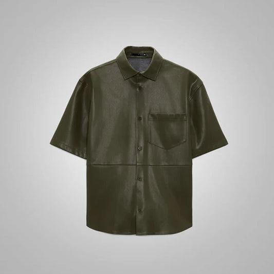 Men's Lambskin Leather Dark Green Half Sleeves Shirt