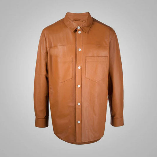 Men's Brown Sheepskin Leather Closure Button Long Sleeves Shirt