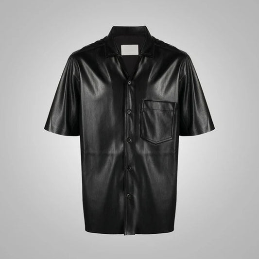 Men's Black Half Sleeves Sheepskin Leather Shirt