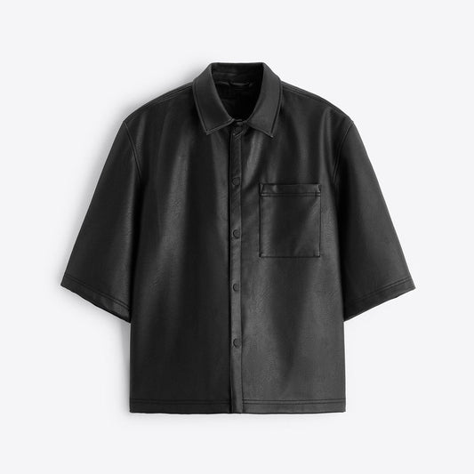Men Half Sleeves Black Sheepskin Leather Shirt