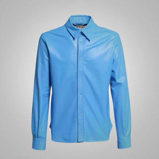 New Men's Sheepskin Leather Full Sleeves Sky Blue Shirt