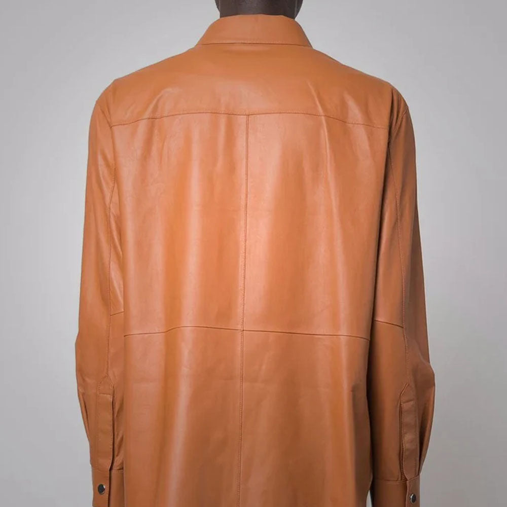 Men's Brown Sheepskin Leather Closure Button Long Sleeves Shirt