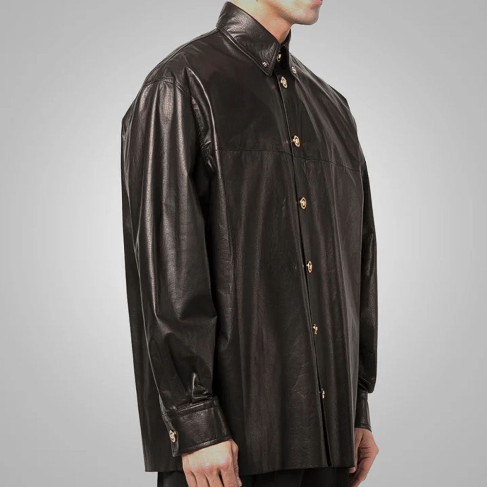 Men's Black Top-Grain Leather Full Sleeves Shirt