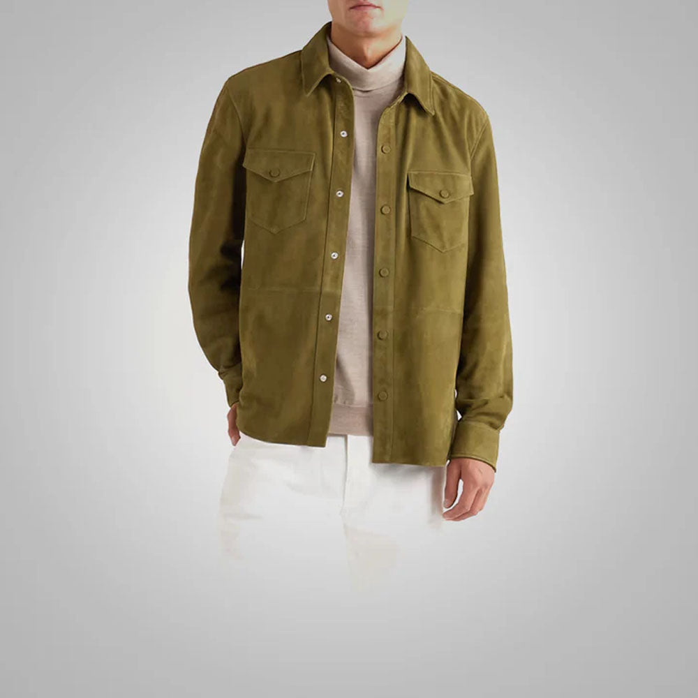 Men's Green Suede Leather Full Sleeves Shirt