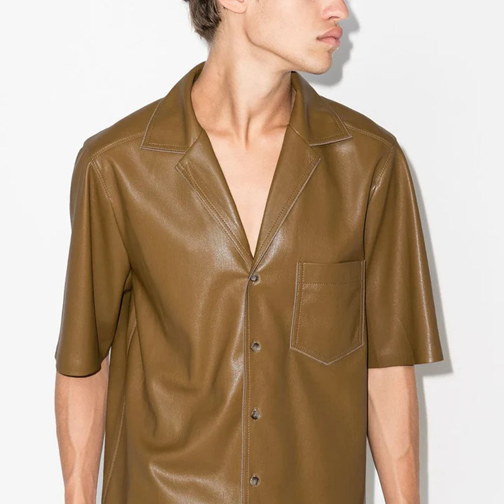 Men's Khaki Sheepskin Leather Half Sleeves Shirt
