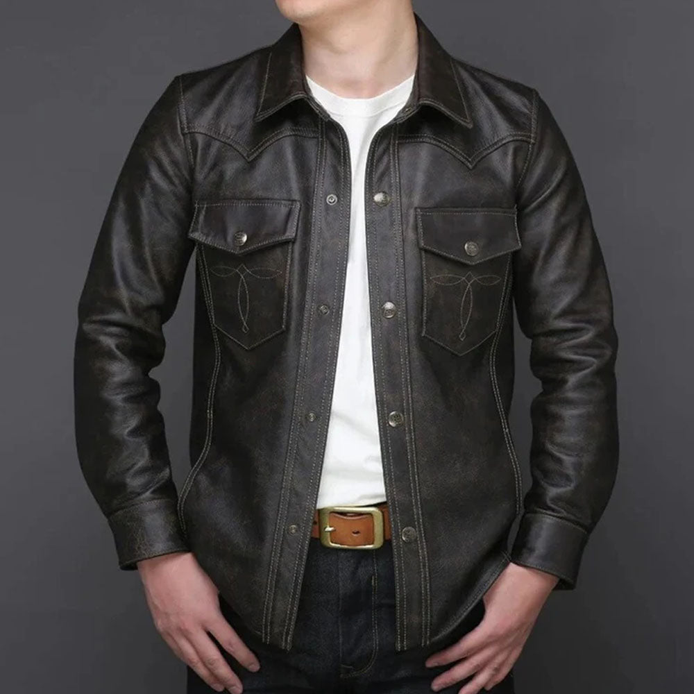 Men's Dark Brown Genuine Leather Full Sleeves Shirt