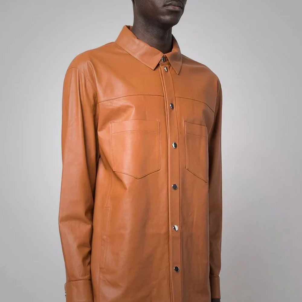 Men's Brown Sheepskin Leather Closure Button Long Sleeves Shirt