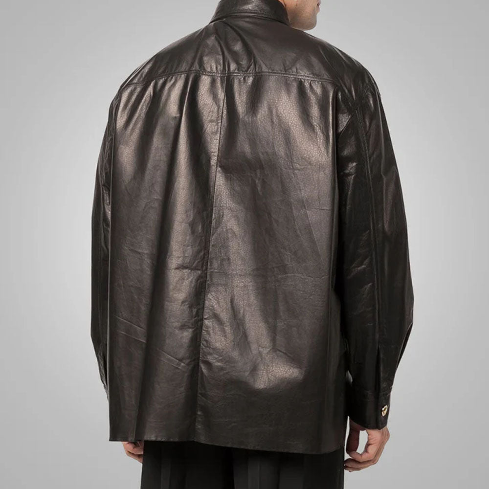 Men's Black Top-Grain Leather Full Sleeves Shirt