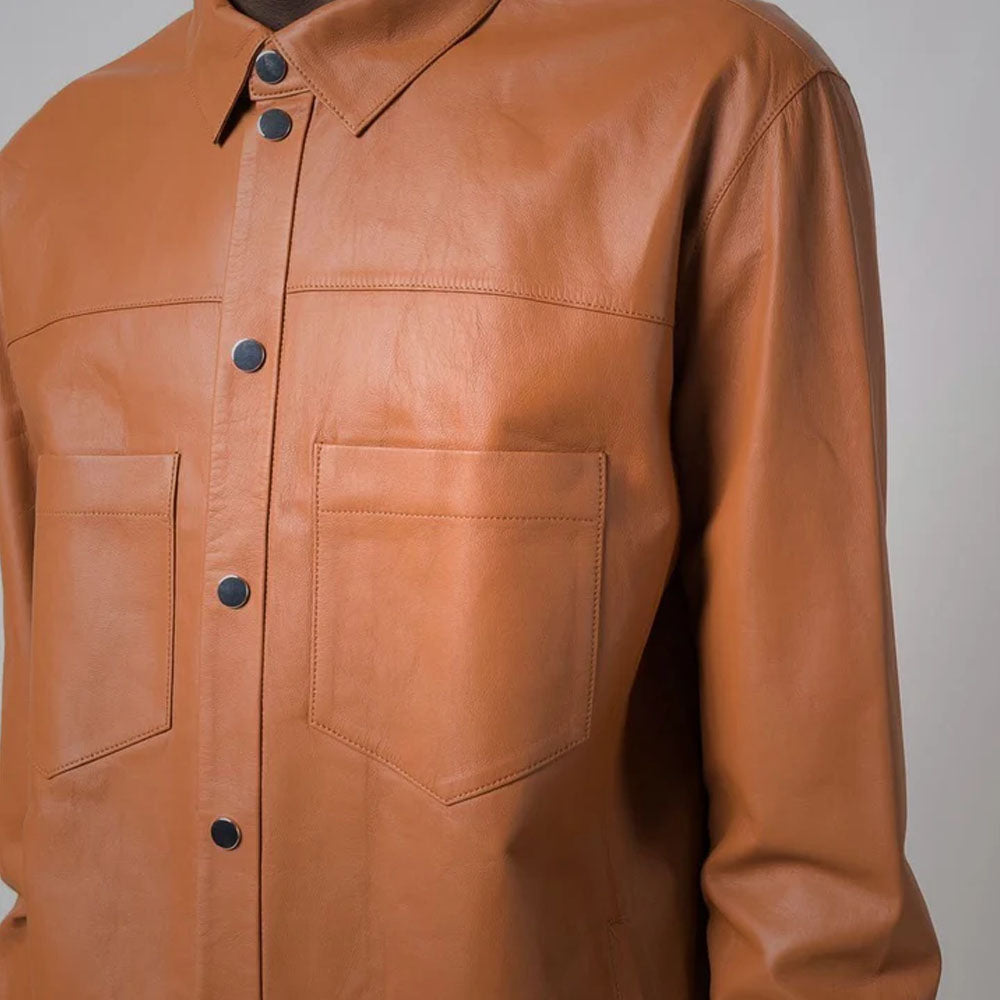 Men's Brown Sheepskin Leather Closure Button Long Sleeves Shirt