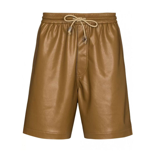 Men Brown Real Lambskin Elastic Waist With Drawstring Leather Shorts
