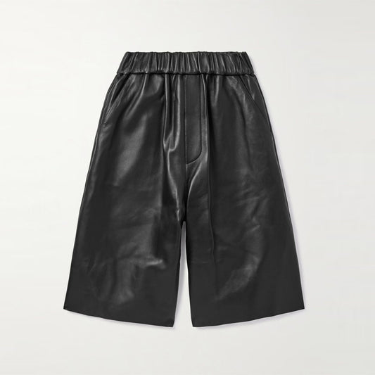 New Men's Black Straight-Leg Sheepskin Leather Shorts