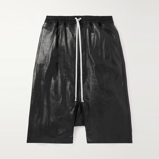 Men's Black Wide-Leg Sheepskin Leather Drawstring Shorts