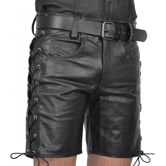 New Men Black Real Sheepskin Side Lace Leather Shorts