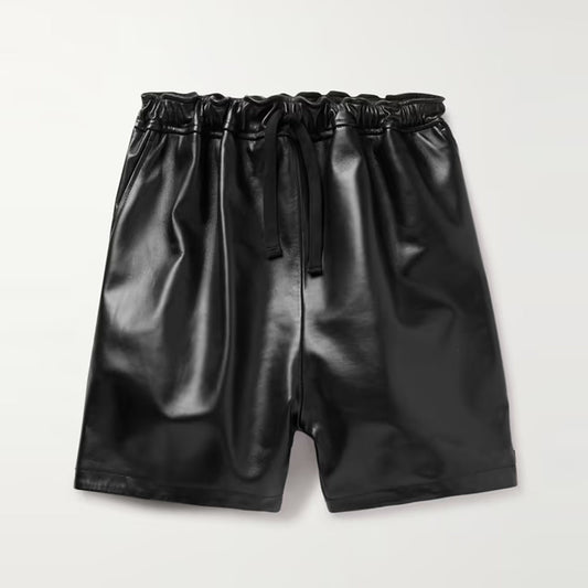 New Men's Wide-Leg Black Drawstring Leather Shorts