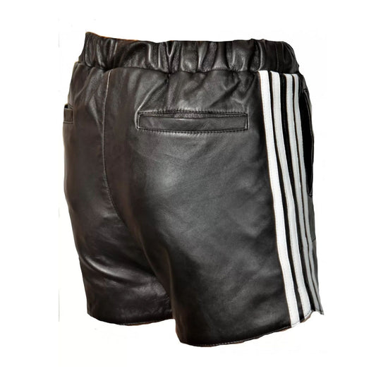 Men Black Real Sheepskin Side Strips Leather Drawstring Shorts