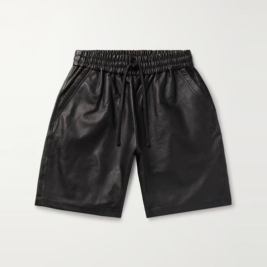 New Black Drawstring Lambskin Leather Shorts For Men
