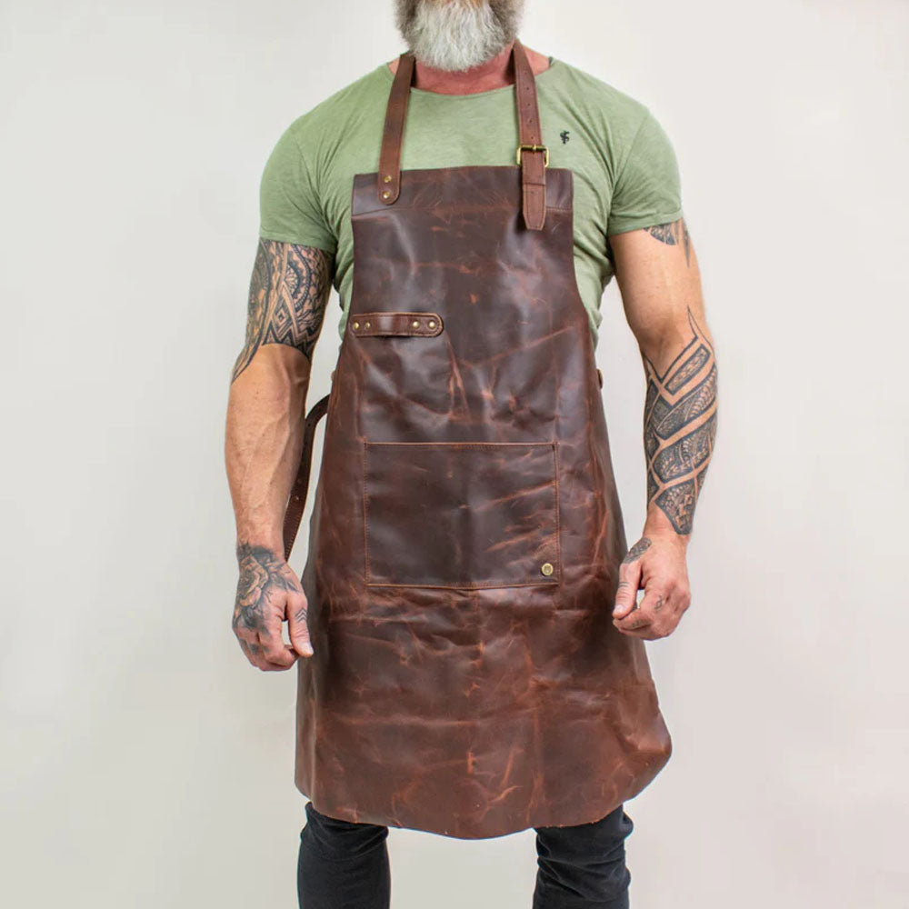 Men's Classic Brown Sheepskin Leather Apron With Spacious Front Pocket for Tools