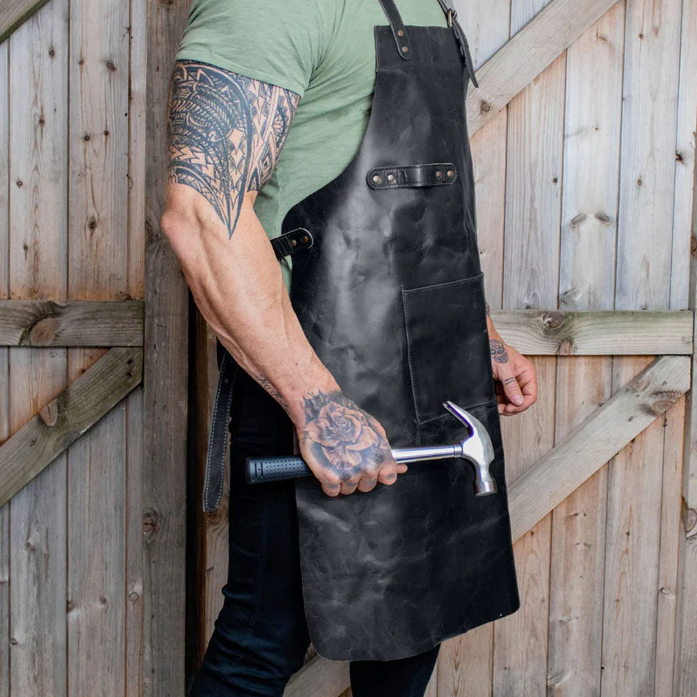 New Black Handmade Long Leather Apron With Spacious Front Pocket for Tools For Men