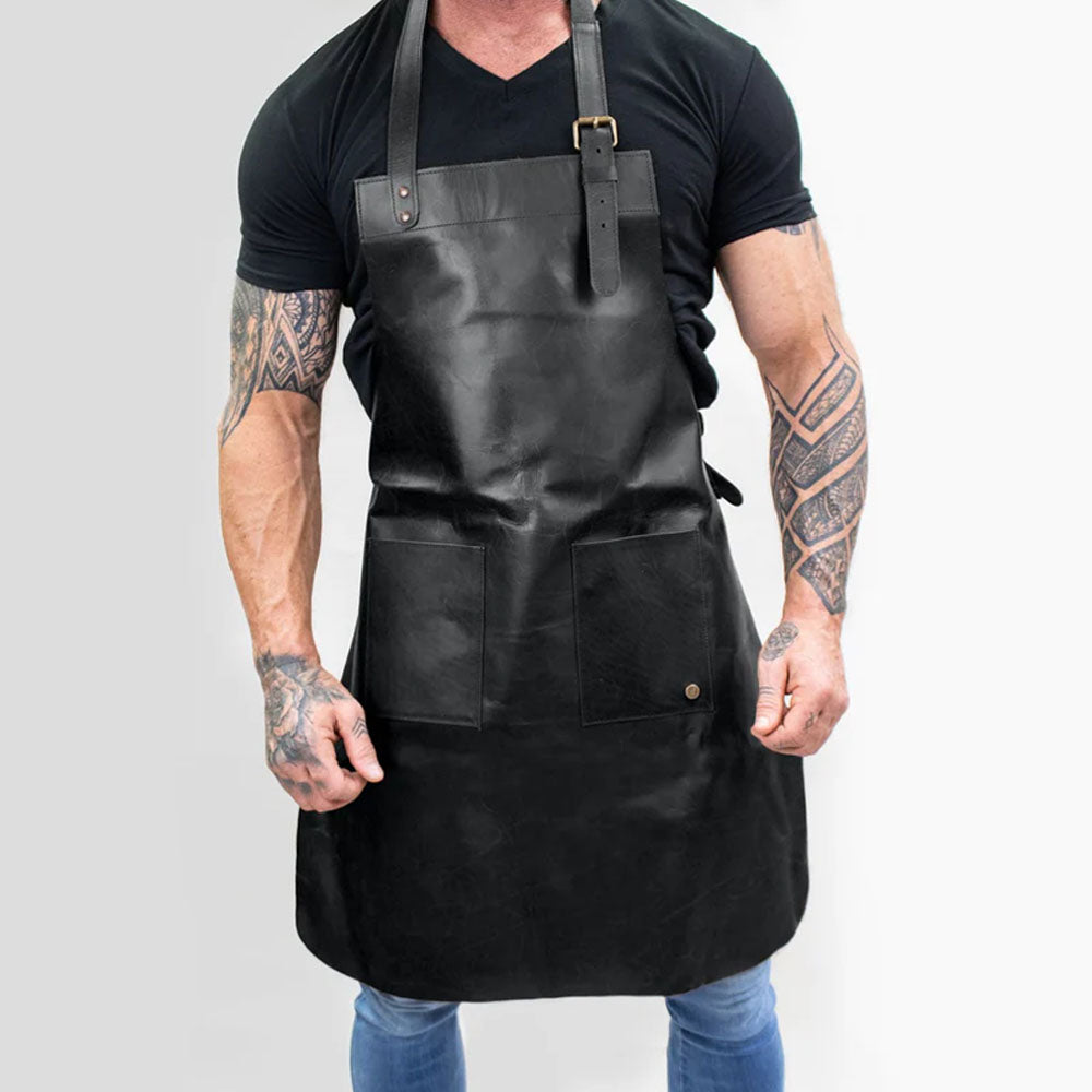 Double Pocket Black Sheepskin Handmade Leather Apron For Men