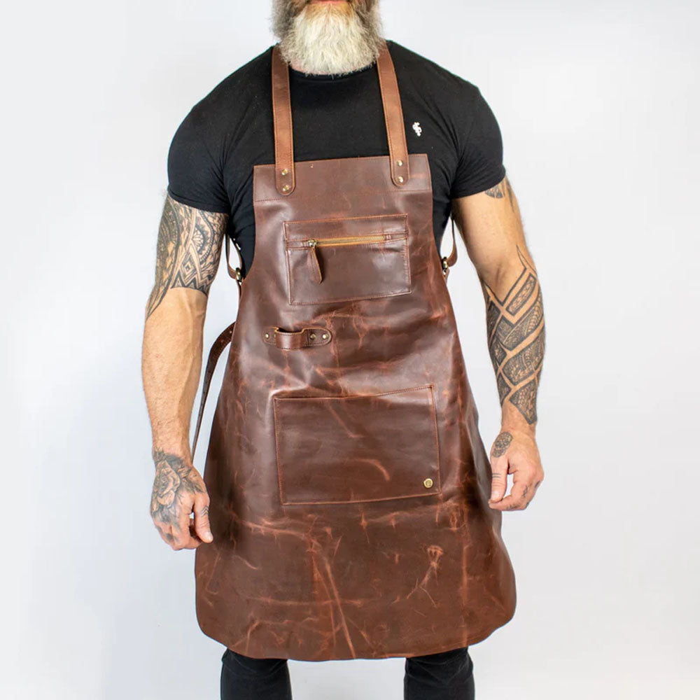 Men's Brown Sheepskin Cross Back Leather Apron