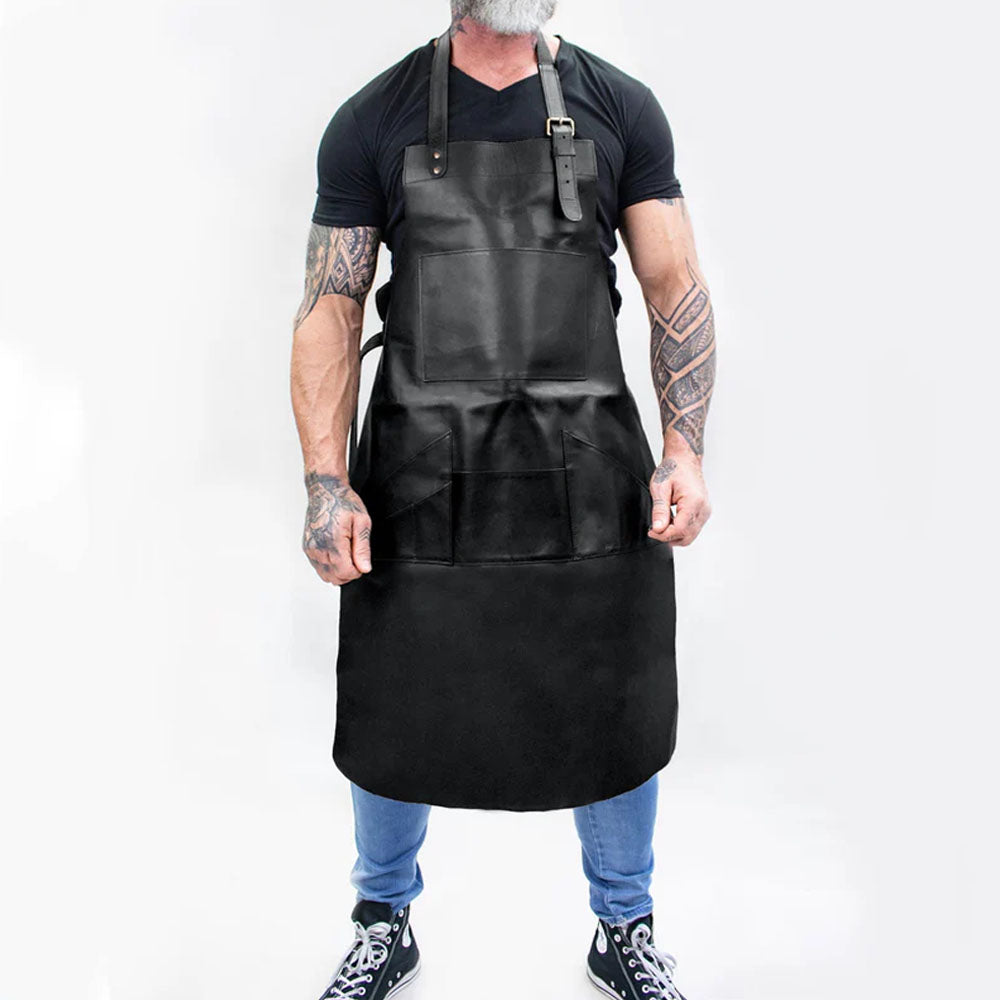 Men's Handmade with Premium Leather Multi Pocket Leather Black Apron