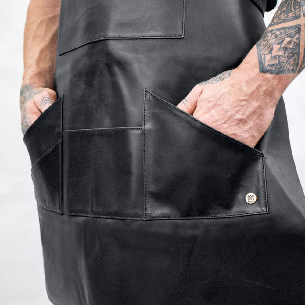 Handmade with Premium Leather Multi Pocket Leather Black Apron For Men