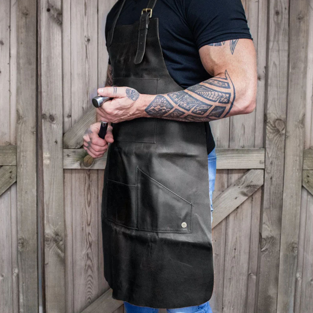 New Men's Handmade with Premium Leather Multi Pocket Leather Black Apron