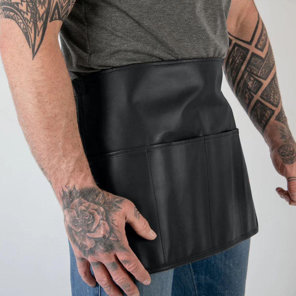 Men's Black Handmade Sheepskin Leather Half Apron With Four Front Pockets