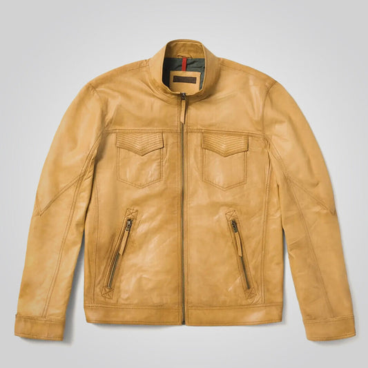 Men's Camel Classic Biker Jacket in sheepskin leather, showcasing front view with zip closure and sleek design.