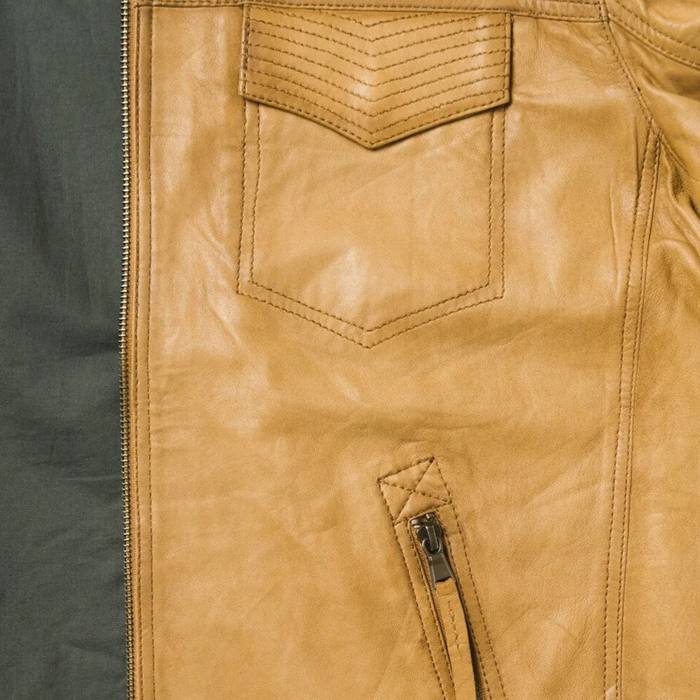 Detailed image of the zipper pocket and trucker-style pockets on the jacket, emphasizing storage and design.