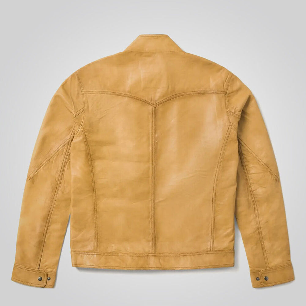 Back view of the Men's Camel Classic Biker Jacket, showcasing the clean lines and premium leather finish.