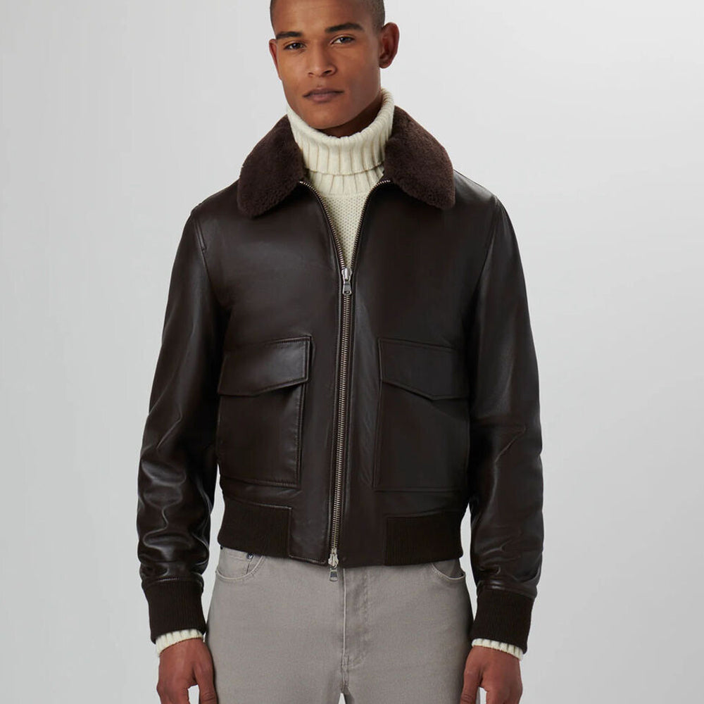 Man wearing Men’s RAF Aviator Shearling G1 Bomber Jacket, showing front closure zip.