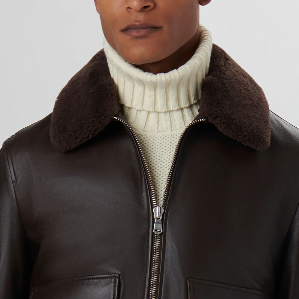 Close-up of Men’s RAF Aviator Shearling G1 Bomber Jacket collar and front zip.