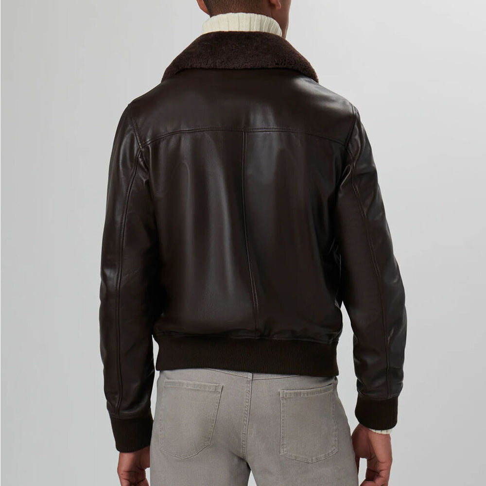 Back view of man wearing Men’s RAF Aviator Shearling G1 Bomber Jacket.