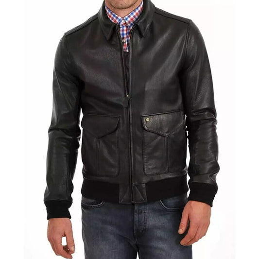 Man wearing a brown lambskin leather bomber jacket with zip closure, featuring a spread collar and elastic waist for a classic look.