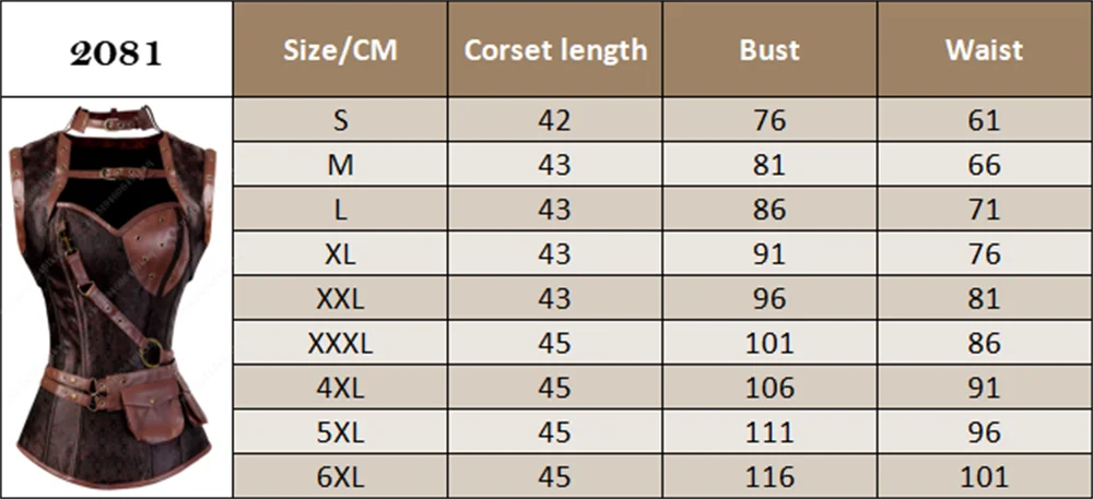Women's Olesya Black Underbust Leather Corset with Blood Cross Design Size chart