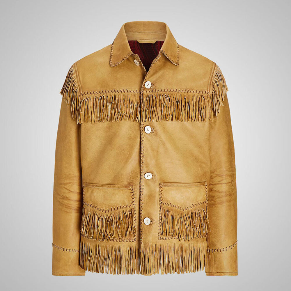 Front view of handcrafted Western leather fringe jacket with beadwork and embroidery.