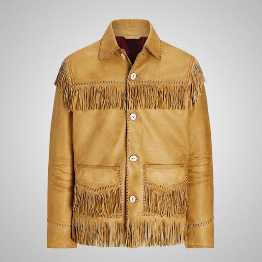 Front view of handcrafted Western leather fringe jacket with beadwork and embroidery.