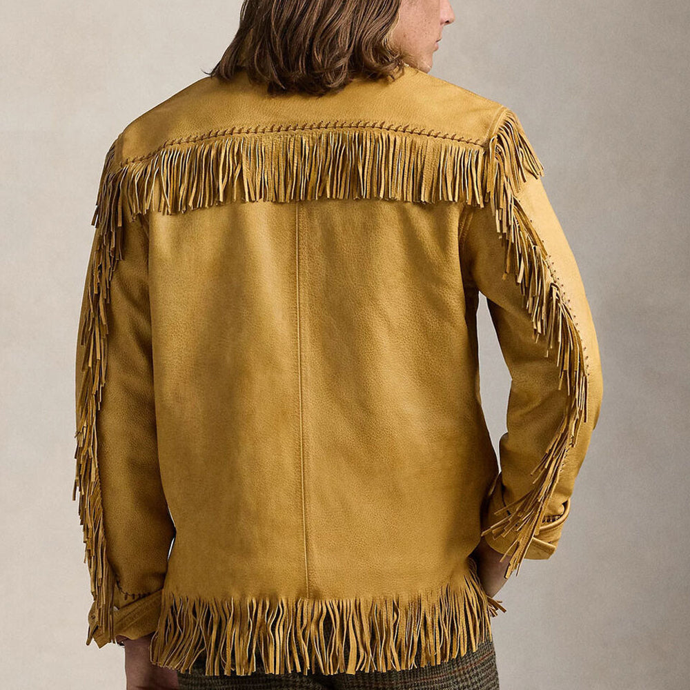 Back view of vintage leather fringe jacket showcasing intricate embroidery.