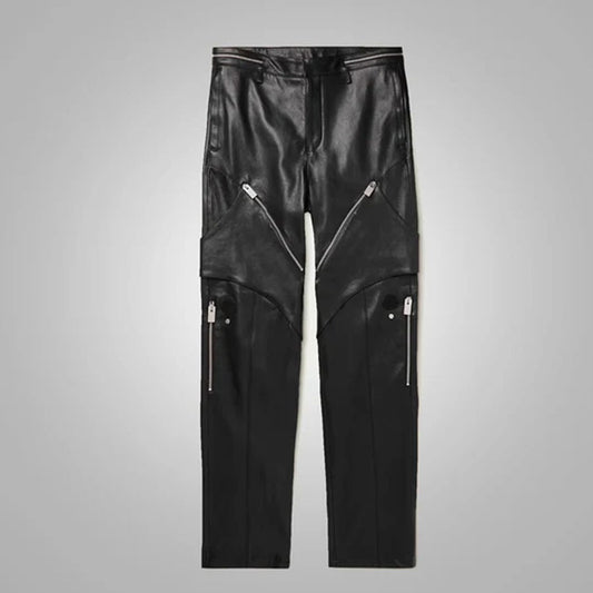 Black Men Real Sheepskin Fashion Leather Biker Pants