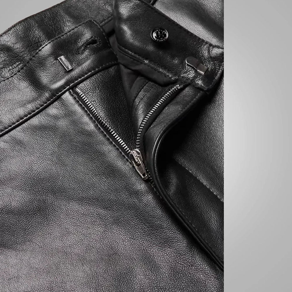 Black Real Sheepskin Fashion Leather Biker Pants